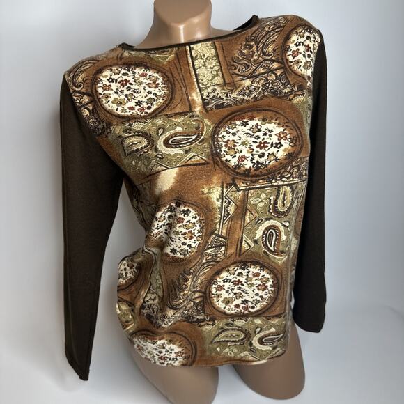 Vintage Y2K Brown Baroque Paisley Top M Indie Retro Long Sleeve Stretchy Boho - Picture 1 of 8